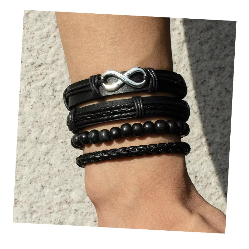 Retro Style Infinite 8 Multi Layered Men Leather Beaded Bracelet Set