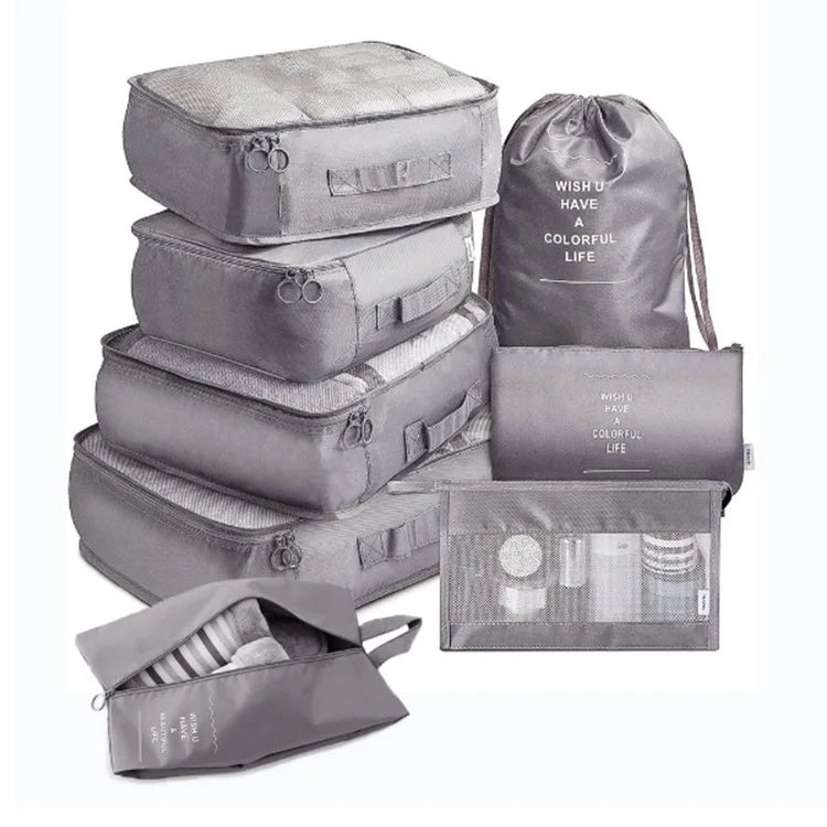 Custom Logo 8-Piece Multifunctional Waterproof Polyester Travel Bag Set Zipper Fashionable Luggage Organizer Portable Packing