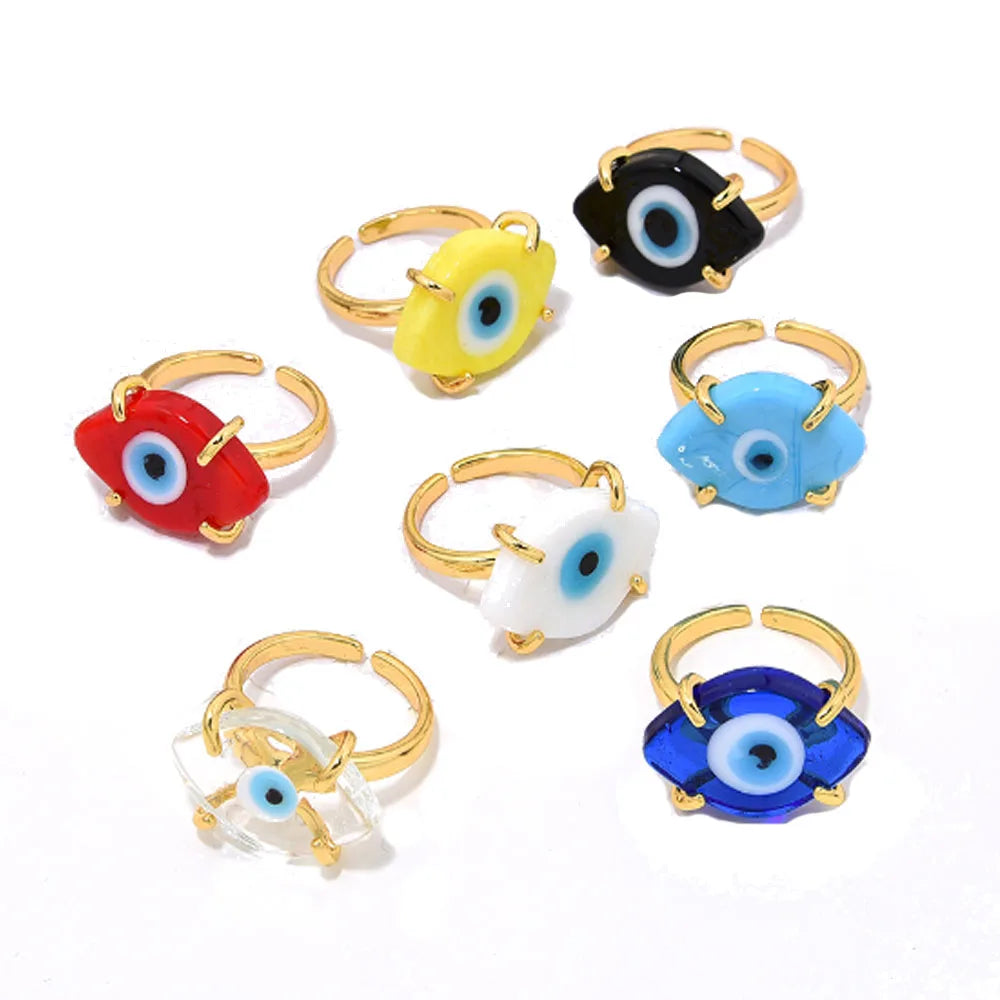 Fashion Trendy Copper Resizable Resin Turkish Blue Evil Eyes Charm Finger Ring Toy Jewelry for Women