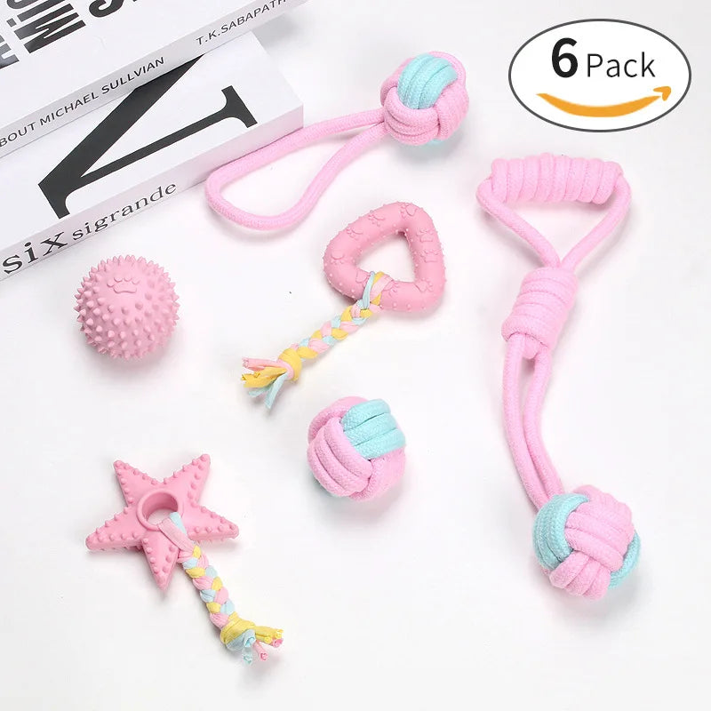 Cartoon 6-Pack Pet Interactive Molar Toy Set Linen Cotton Rope with Bite Resistant TPR Balls for Dog Cat Teeth Grinding Cleaning