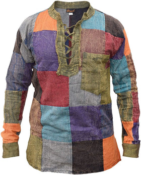 Autumn Men's Vintage Long Sleeve Color Block Plaid Printed Casual Tops Lace up Collar T-shirts