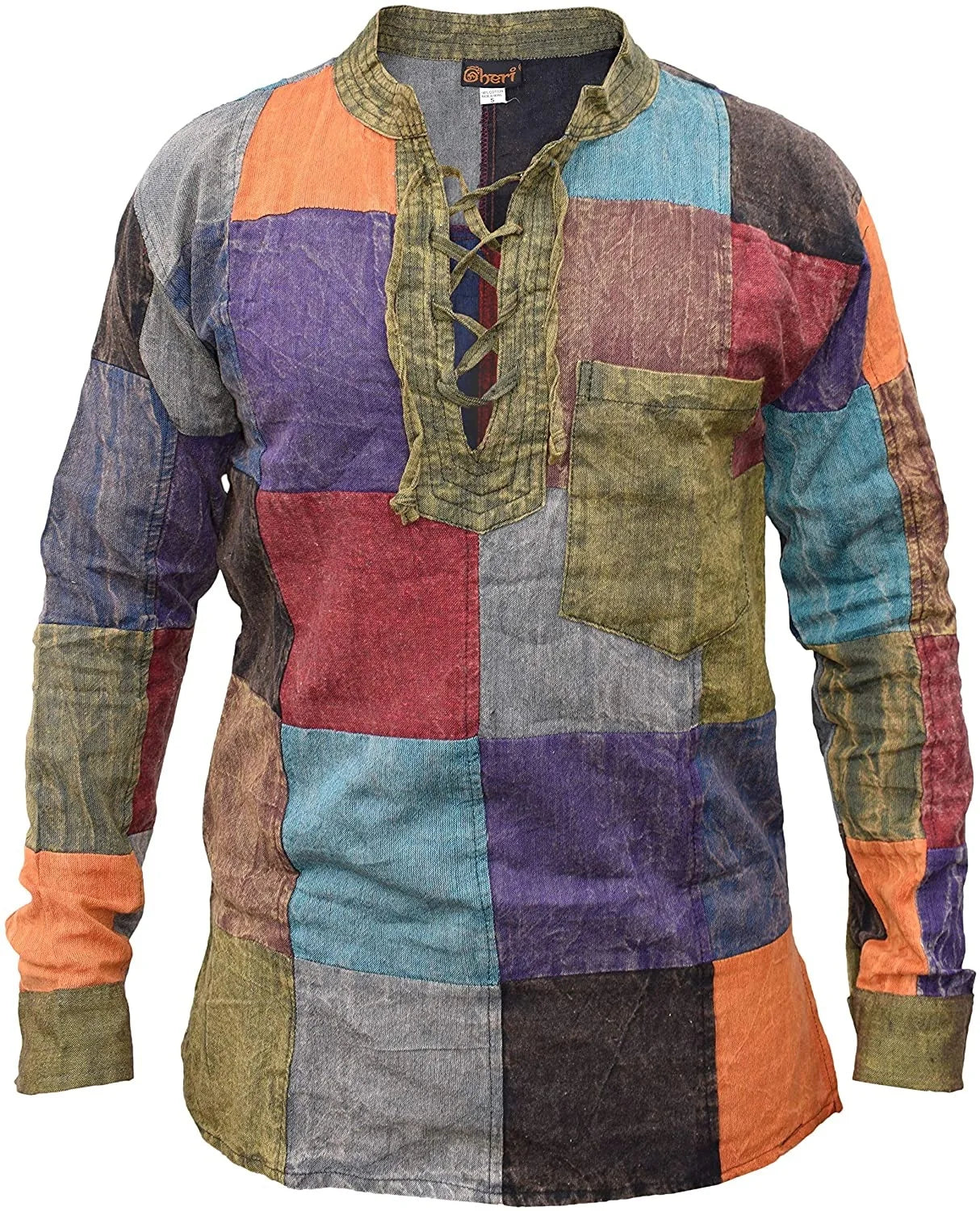 Autumn Men's Vintage Long Sleeve Color Block Plaid Printed Casual Tops Lace up Collar T-shirts