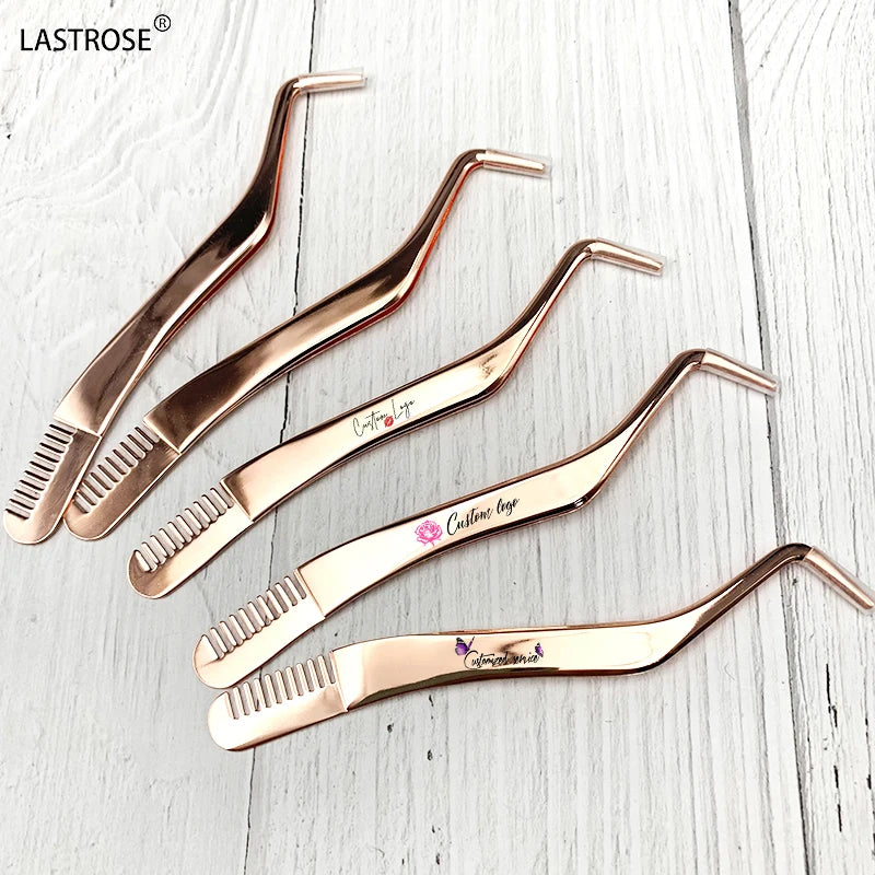 OEM DIY Lash Applicator Tools Stainless Steel Cluster Lash Tweezers Curved Eyelash Tweezer With Comb for Lash Extension