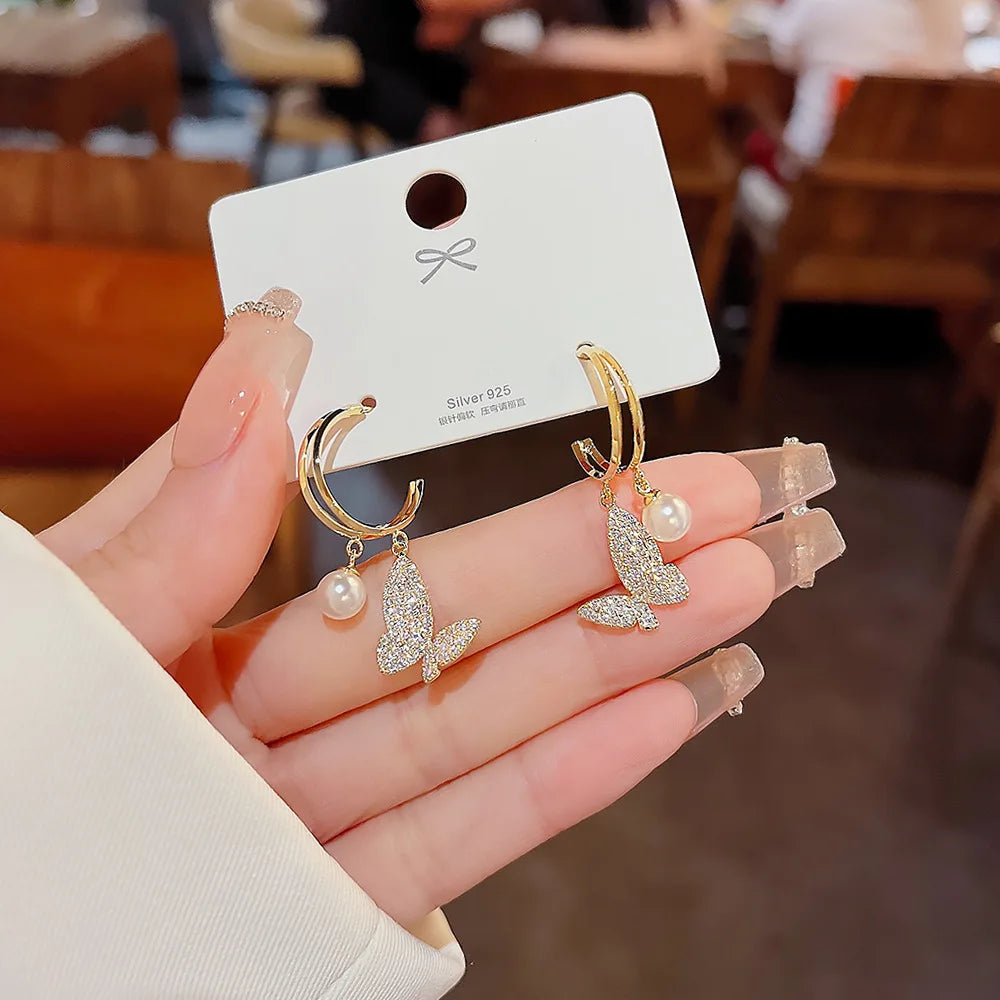 925 Silver Needle Pearl Earrings luxury Full Diamond Rhinestone Bow Pearl Earring Korean Luxury Elegant Fashion Ear Hoop
