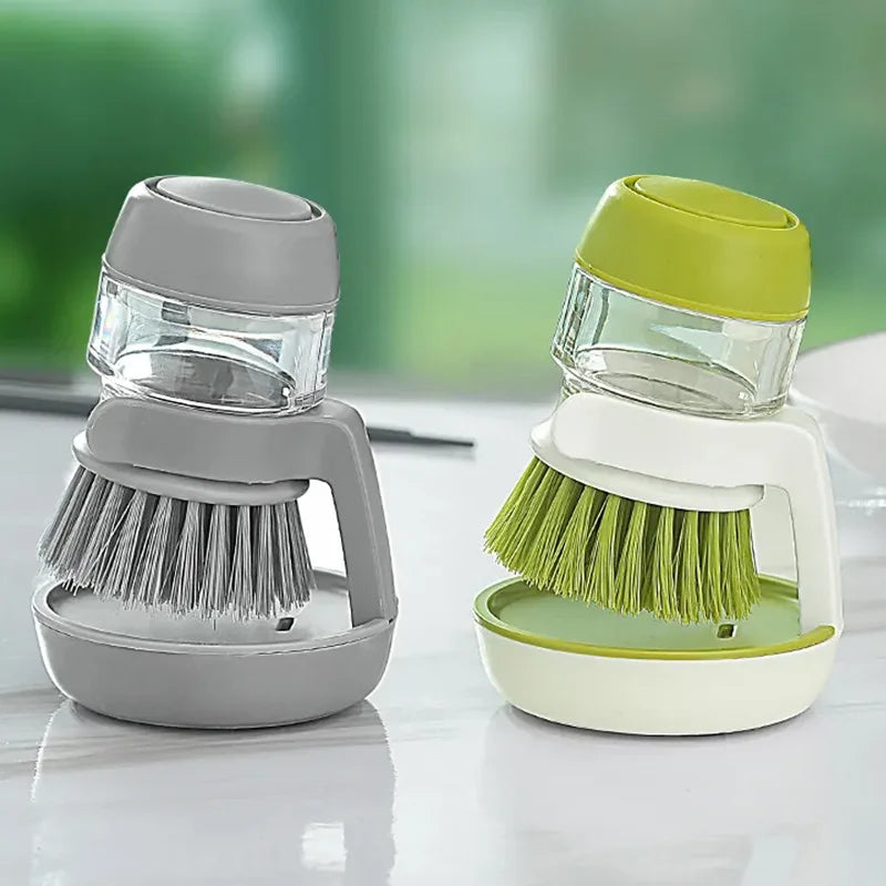 Kitchen Pressing Washing Scrubber Dishes Pot Pan Kitchen Sink Refillable Soap Dispensing Palm Scrub With Storage Stand Holder