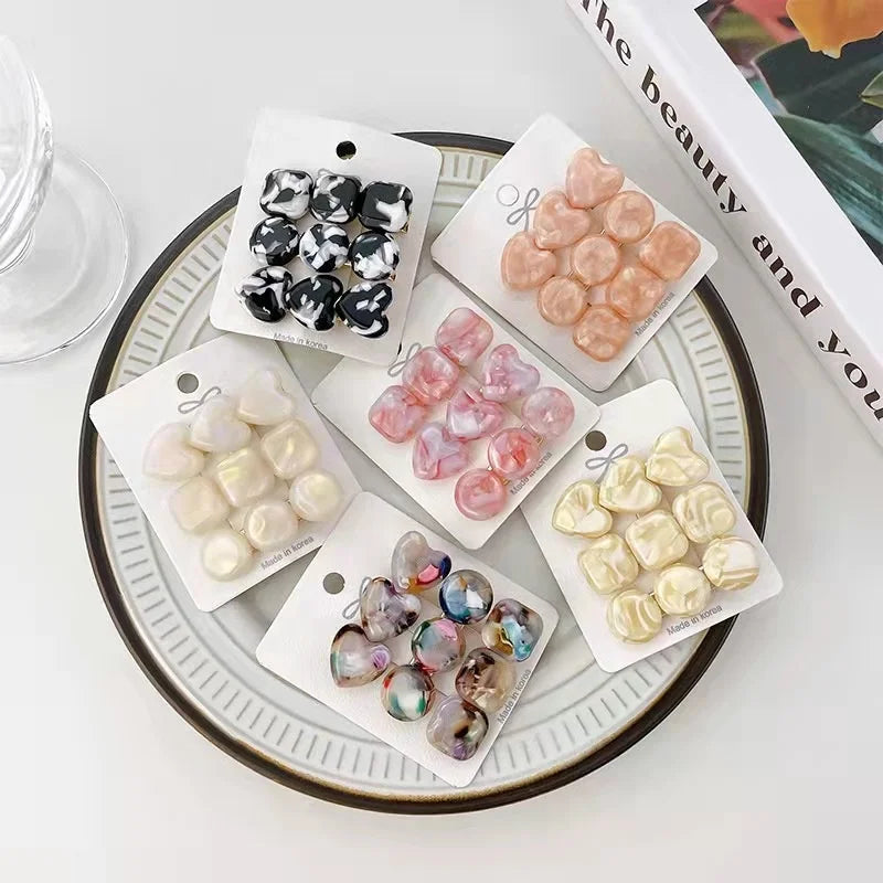 Sweet Korean Style Acetate Heart Hair Clips Set Marble Hairpins with Geometric Shape for Girls