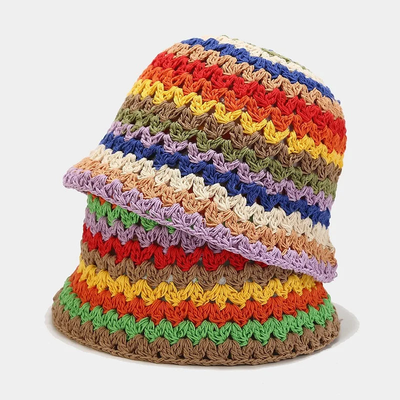 Cotton Handmade rainbow Stripe Bucket Hat Knitted Crochet Hats Kufi Hat for Women  2023 Top Seller Product Wholesale