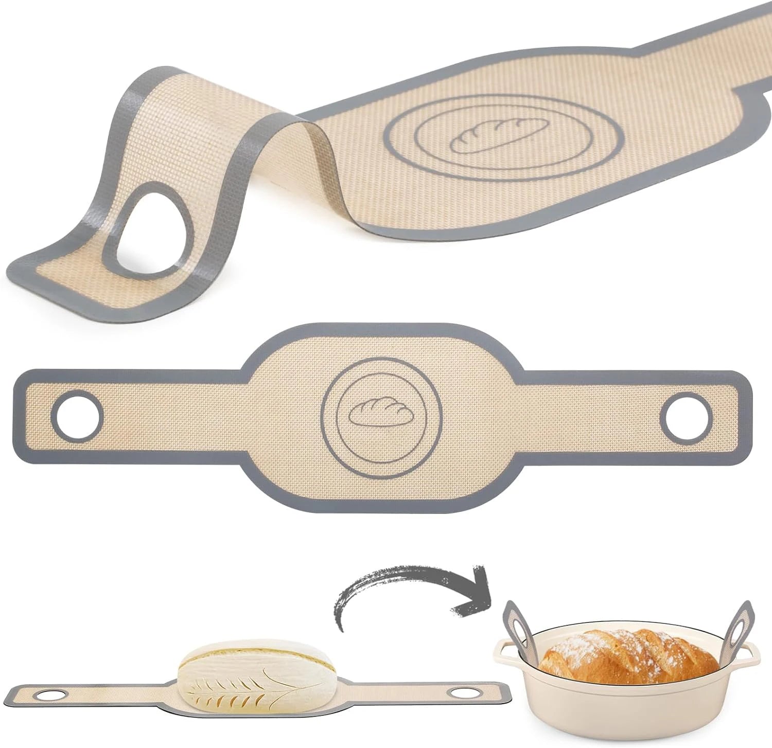 Long Straps Non-stick Easyto Clean Reusable Silicone Baking Mat Dutch Oven Bread Baking Sheet  With Long Handle for Dough Pastry