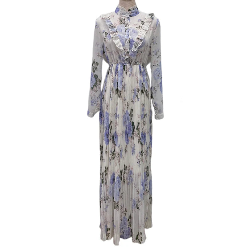 Wholesale Printed Dresses Floral Pleated Chiffon Dubai Abaya Turkey Kaftan Islamic Clothing Muslim Women Modest Abaya