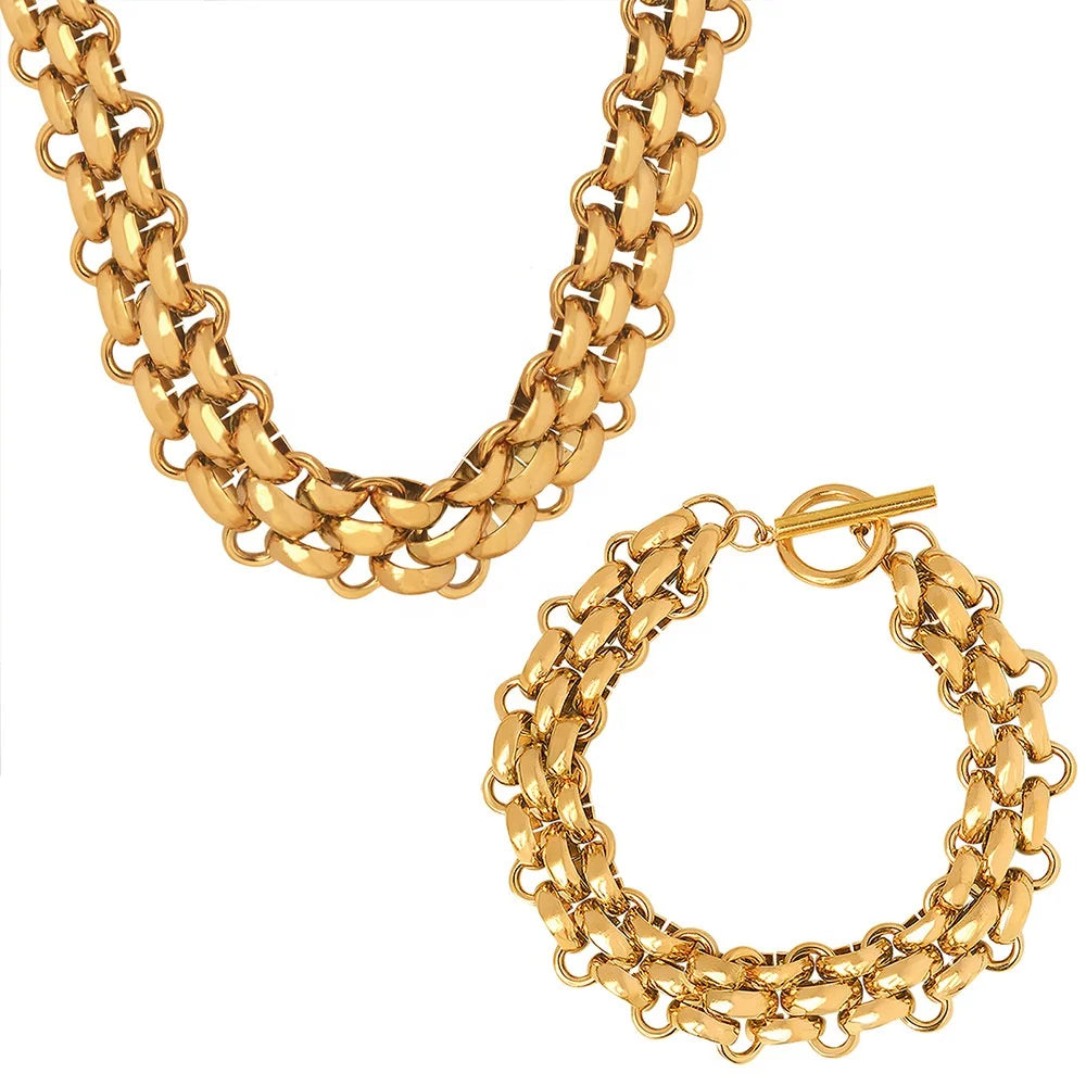 MECYLIFE Exaggerated Thick Steel OT Clasp Link Chain Bracelet Necklace Hip Hop Stainless Steel Gold Plated Link Chain Necklace