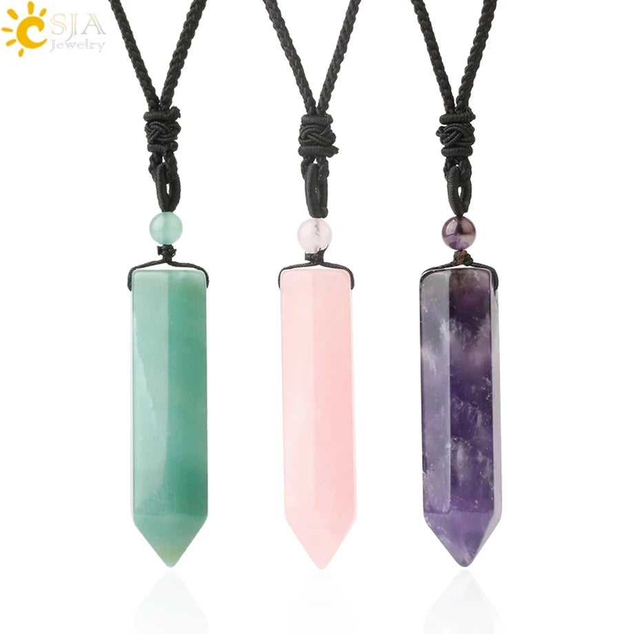 CSJA Natural Green Aventurine Stone Necklace Big Size Sword Hexagonal Crystal Quartz Necklace Pendant for Men Women G699