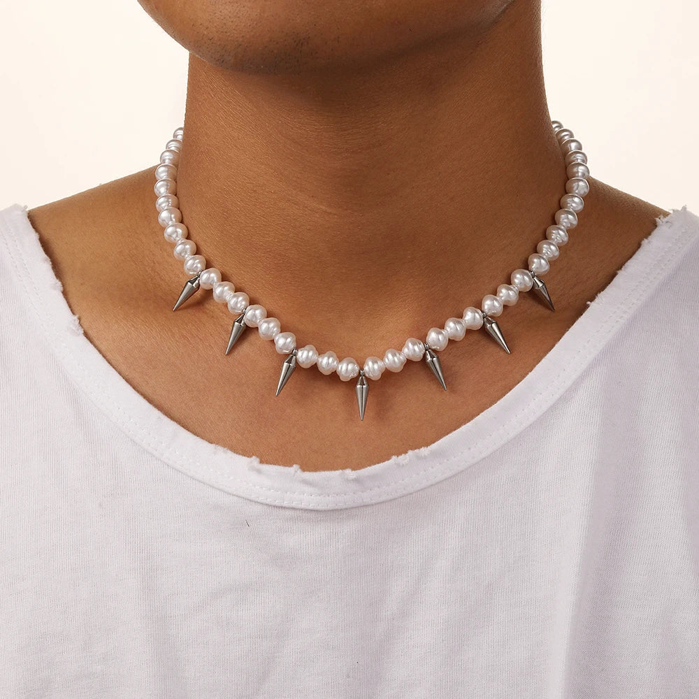 Hot Selling Punk Personality Men's Stainless Steel Pearl Rivet Necklace