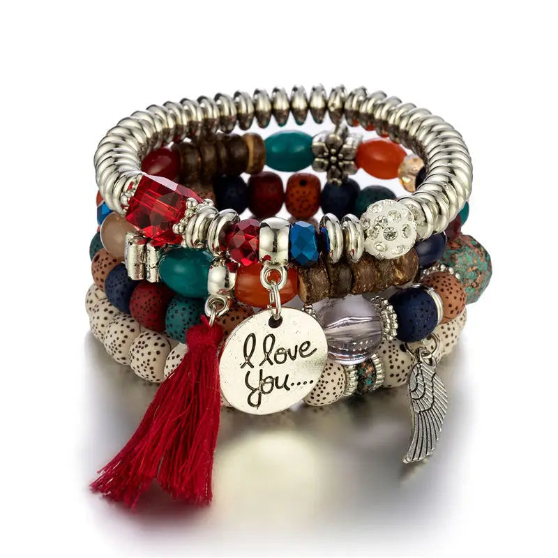 SC New Bohemian Beads Bracelet Multi Layered Tassel Bracelets Angle Wing Charm Natural Bead Bracelets for Women