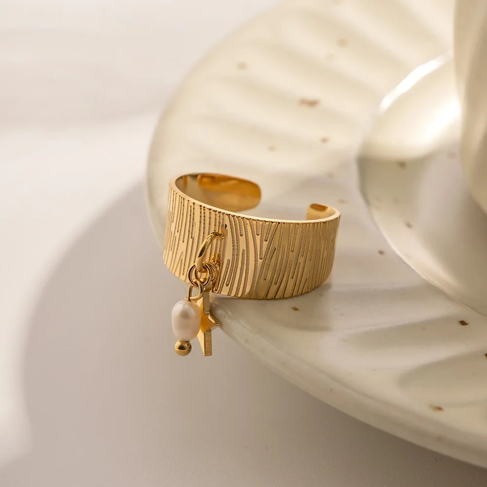 Stainless Steel Girls Vintage Freshwater Pearl Gold Finger Dainty Tarnish Free Adjustable Open Fashion Rings for Women