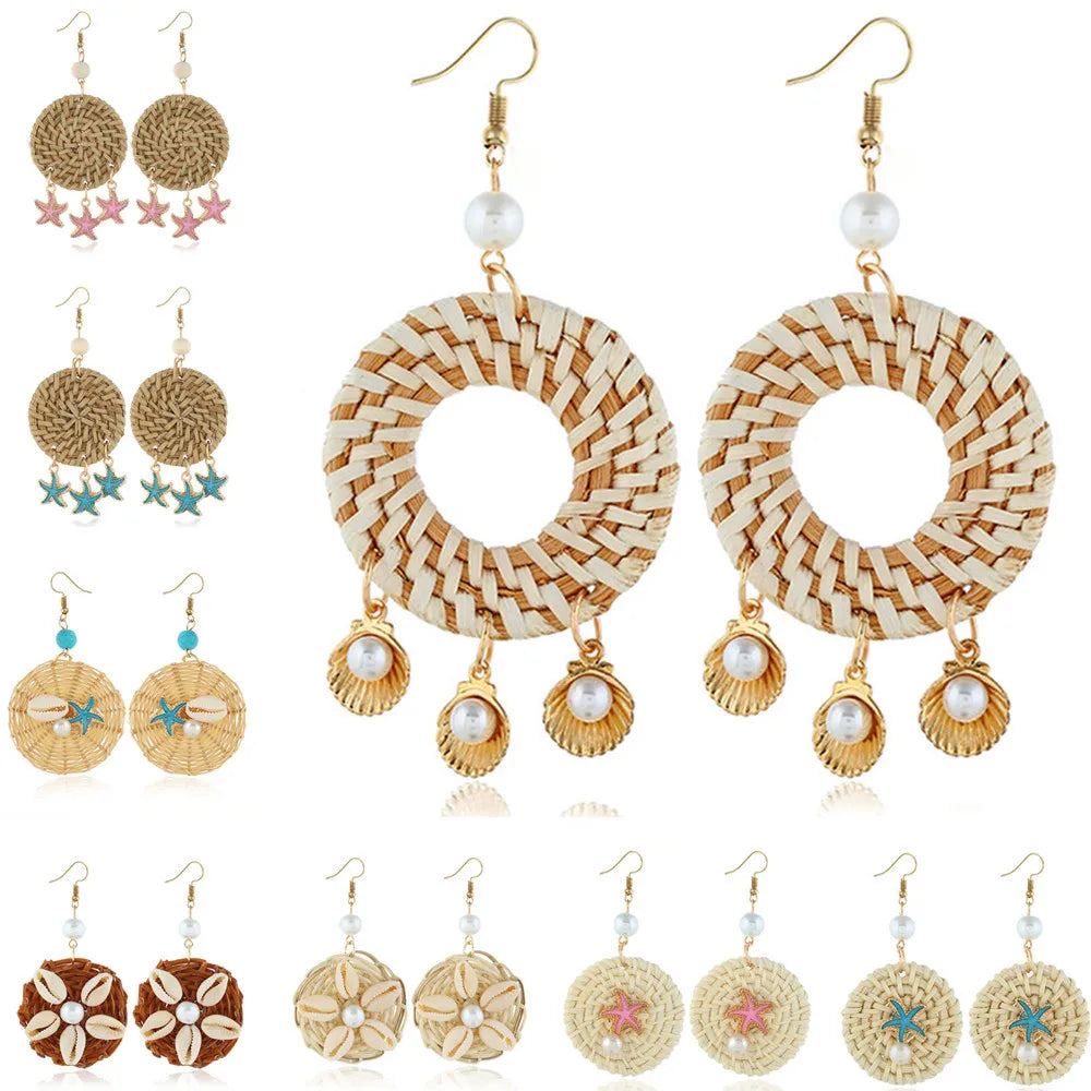 Creative Rattan Braided Sea Star Drop Earrings Shell Pearl Decoration Round Handmade Braided Drop Earrings for Women