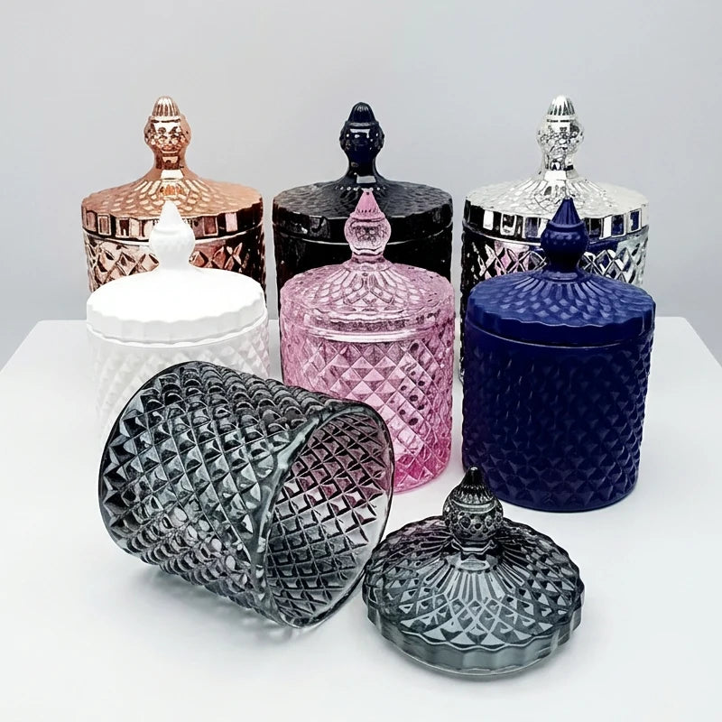 Luxury Glass Round Cylinder Candle Jar with Lid Candlestick Holder for Home and Wedding Decoration