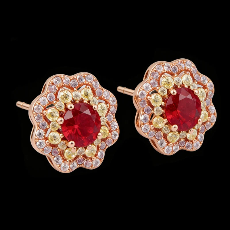 Paved 925 Sterling Silver Flower Stud Earrings with Garnet Red Cubic Zirconia and Yellow CZ