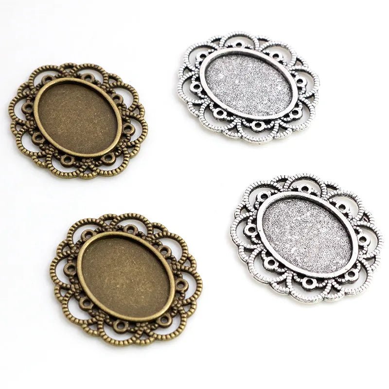 13x18mm Inner Size Antique Silver Plated Bronze Flower Cameo Cabochon Base Setting Charms Pendant Necklace Findings