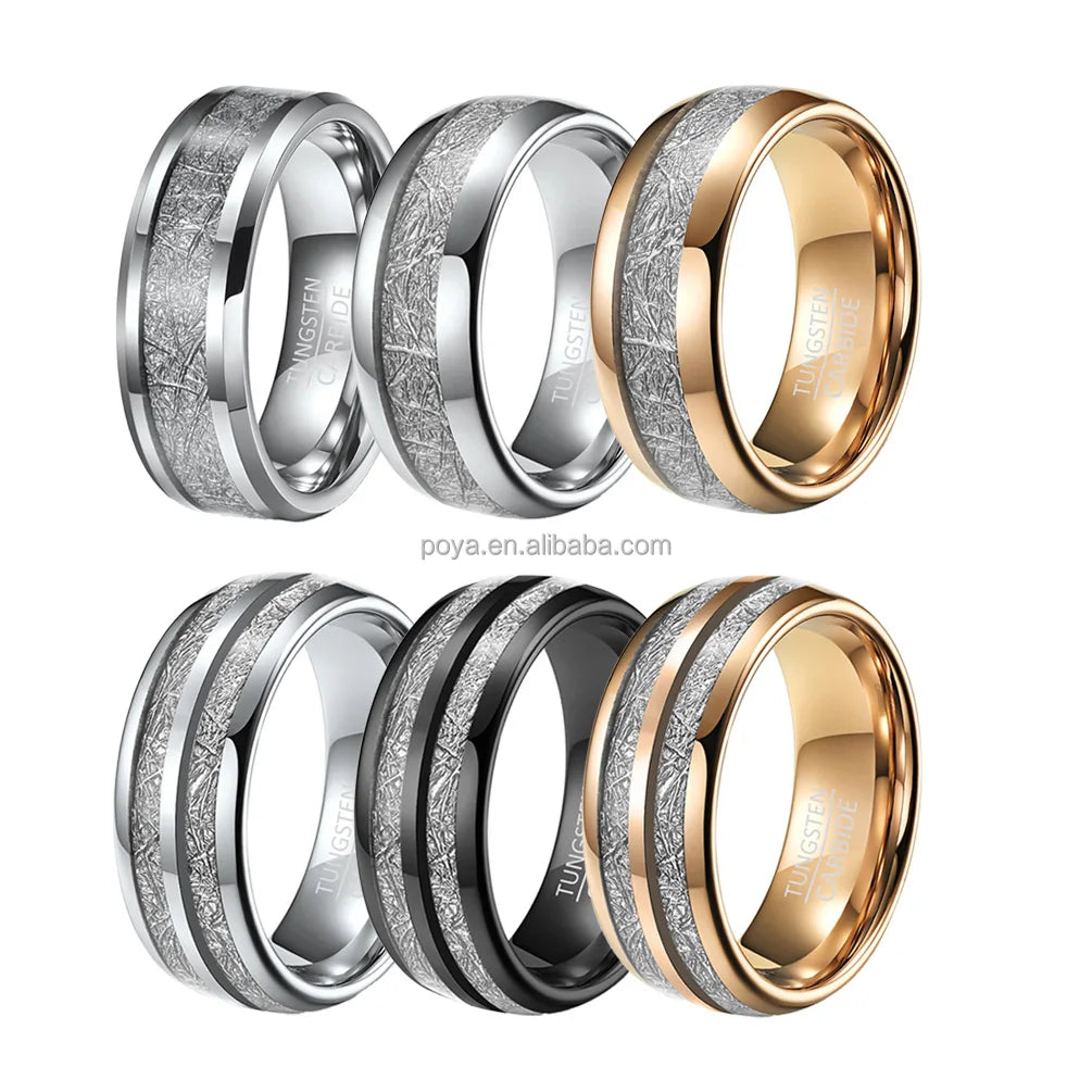 Poya Ready to Ship Fashion Meteorite Two Line Inlay Rose Gold Black Tungsten Ring