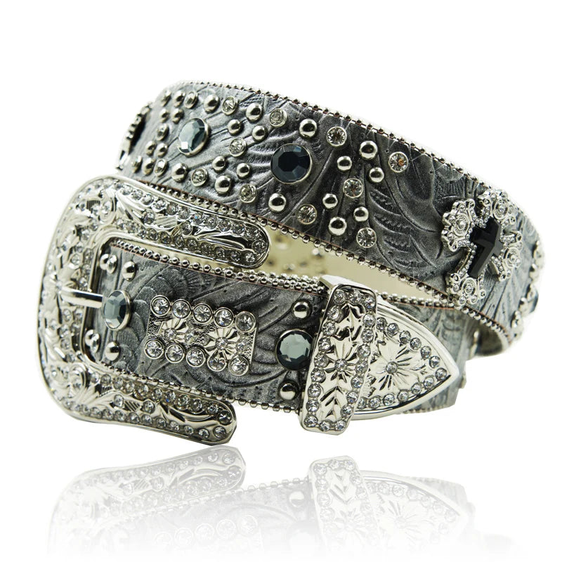 Wholesale 3.8cm Width Zinc Alloy Buckle Customized Cow Leather Western Fancy Crystal Rhinestone Pin Buckle Belt