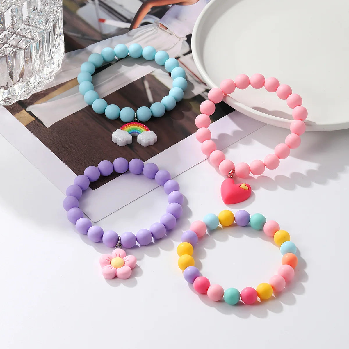 2025 Cute Beads Pendant Bracelet for Kid Girl Rainbow Sun Flower Heart Meteor Charm Friendship Bracelet Jewelry for Women Girls