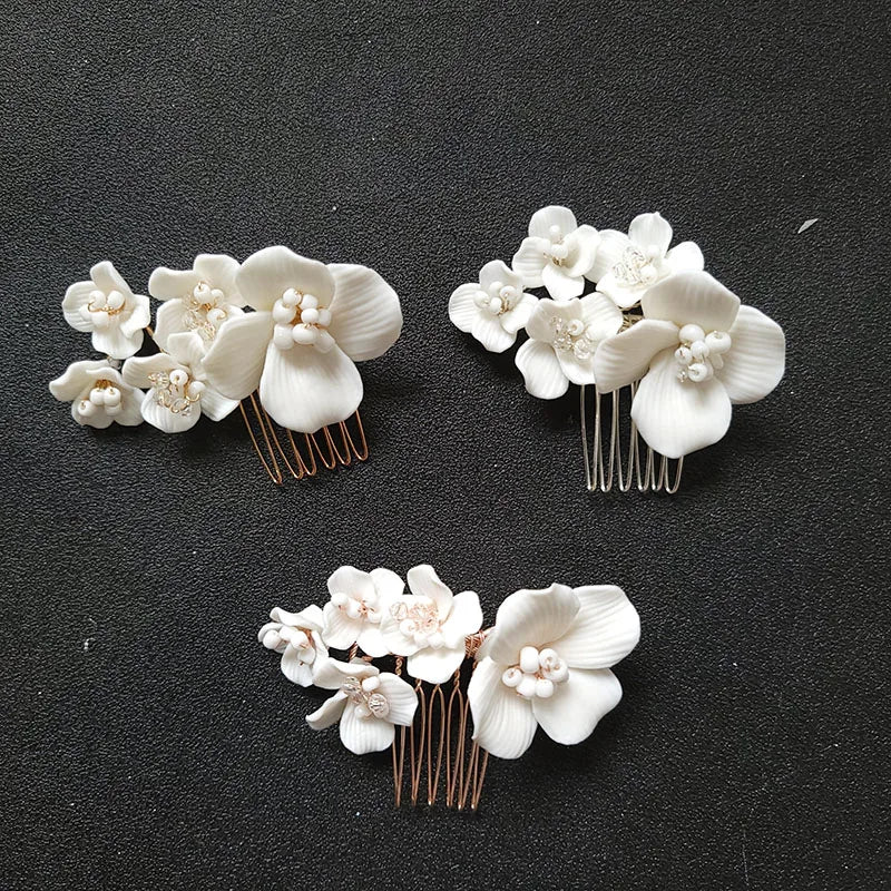 SLBRIDAL Handmade Alloy Leaf Crystal Rhinestones Porcelain Flower Pearls Bridal Hair Comb Wedding Hair Accessories Women Jewelry