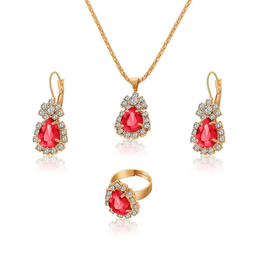 European Water Drop Rhinestone Necklace Earrings Ring Set 3 Piece Suit Jewelry Wholesale