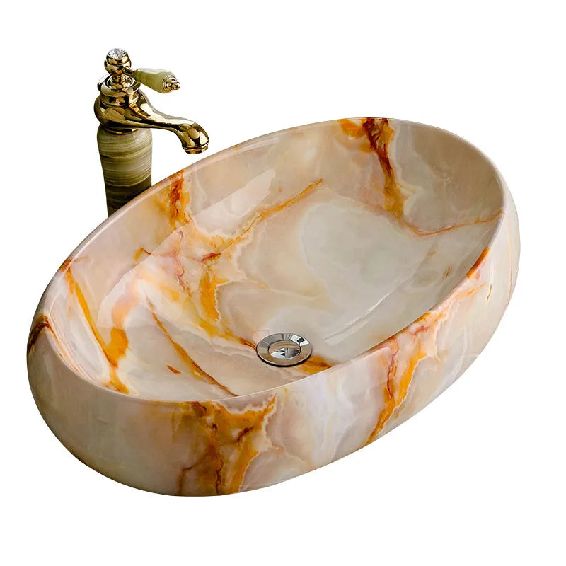 Marble Oval Bathroom Basin Sink Ceramic Basin Counter Top Wash Basin Bathroom Ceramic China Sink