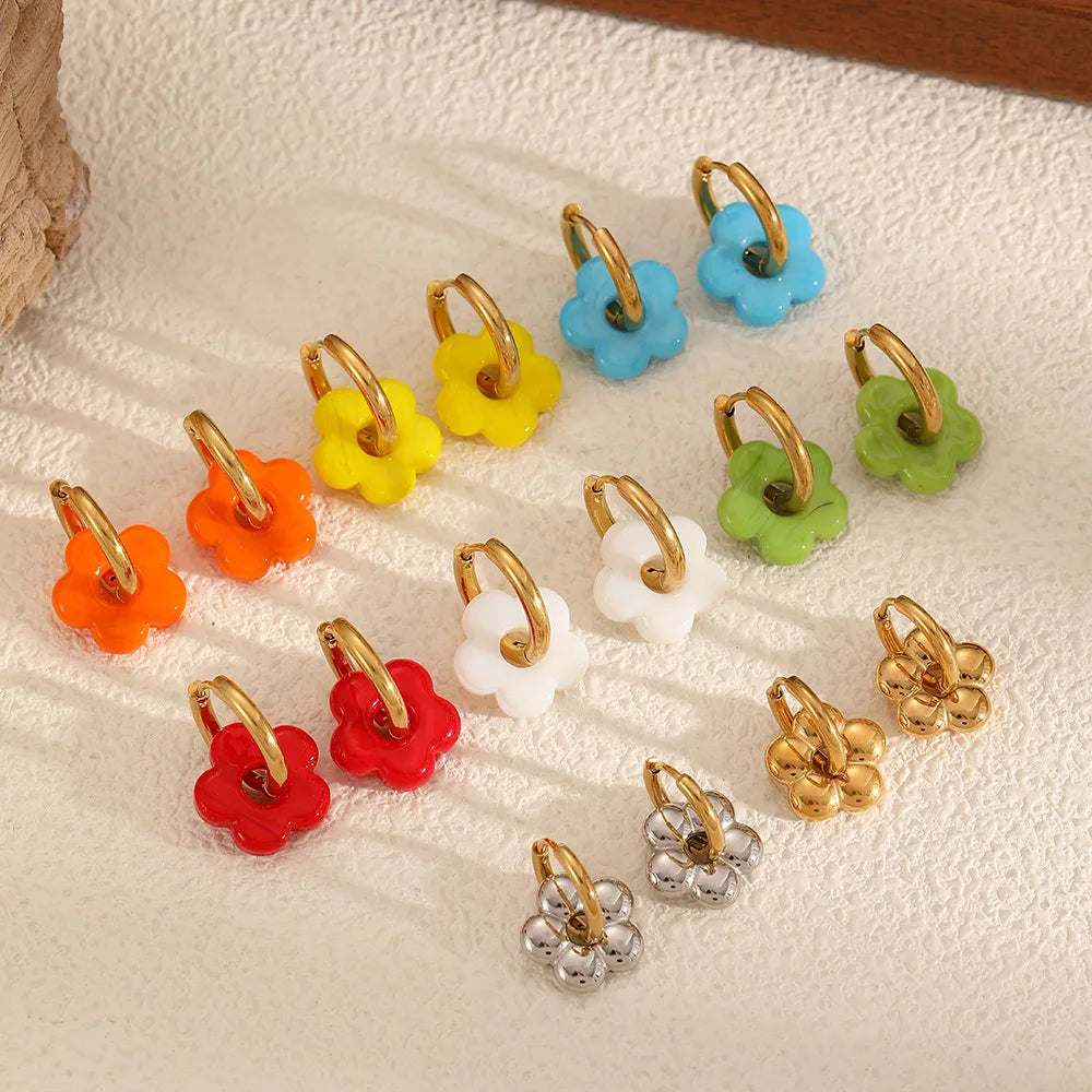 Fashion Colorful Sweet Ctue Style Hoop Earrings Stylish Stainless Steel Flower Earrings for Women