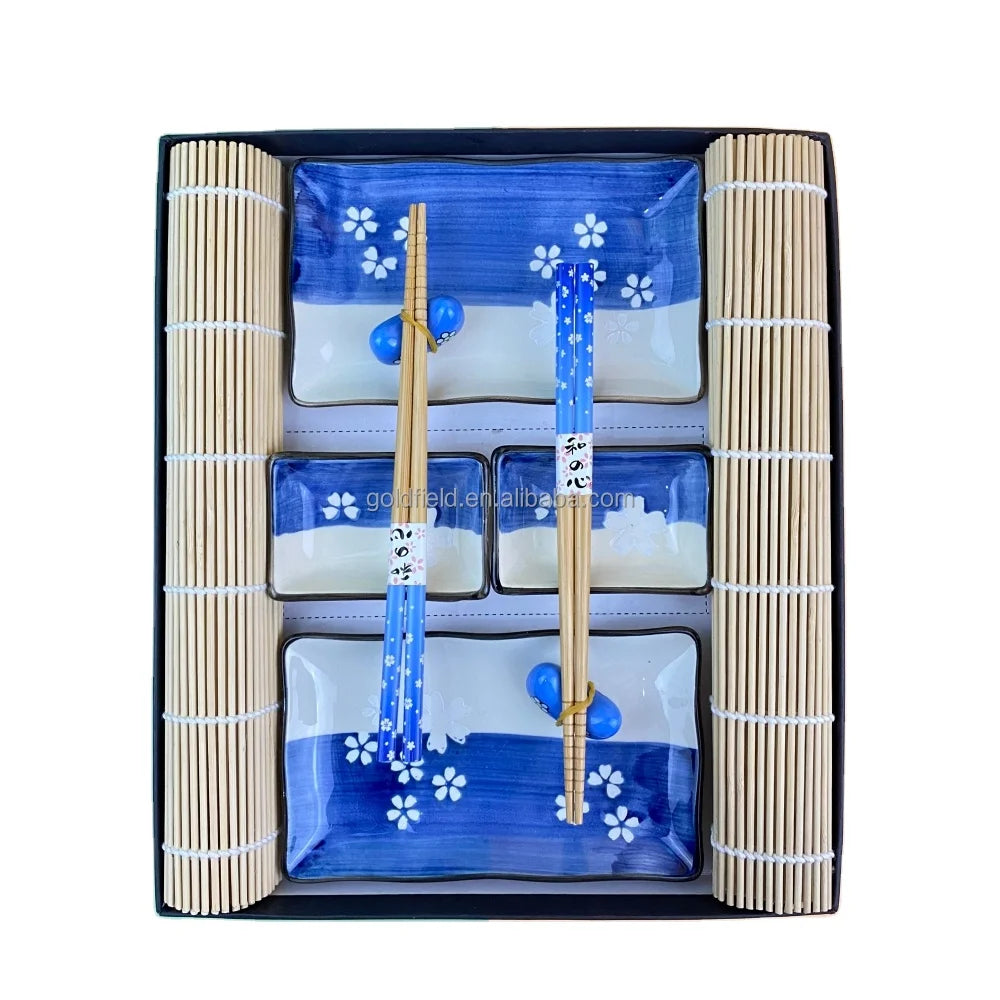 Custom 2-Person Sushi Tableware Set Bamboo Placemat with Sauce Dish Chopstick Rest Ceramic Dinnerware Gift Set