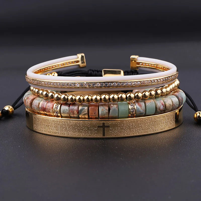 New Design Luxury Stainless Steel Cross Bangle Natural Stone Beaded Men Jewelry Braided Macrame Custom Bracelet Set