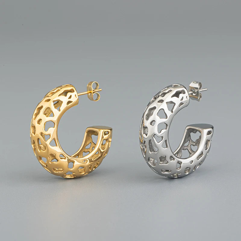 Fashion Hypoallergenic Stainless Steel Jewelry 18K Gold Plated C Shape Geometric Hollow Earrings for Women