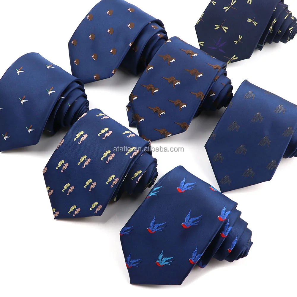 New Men's Tie Microfiber Jacquard Woven 8cm Necktie Blue Cartoon Animal Pattern Casual Daily Wear Cravat Wedding Party Gift