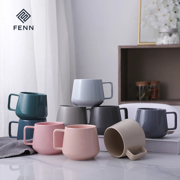FENN Wholesale Ceramic Mugs Custom Large 350ml Ceramic Coffee Cup Glaze Grey Pink Khaki Nordic Mug With Handle Coffee Mug