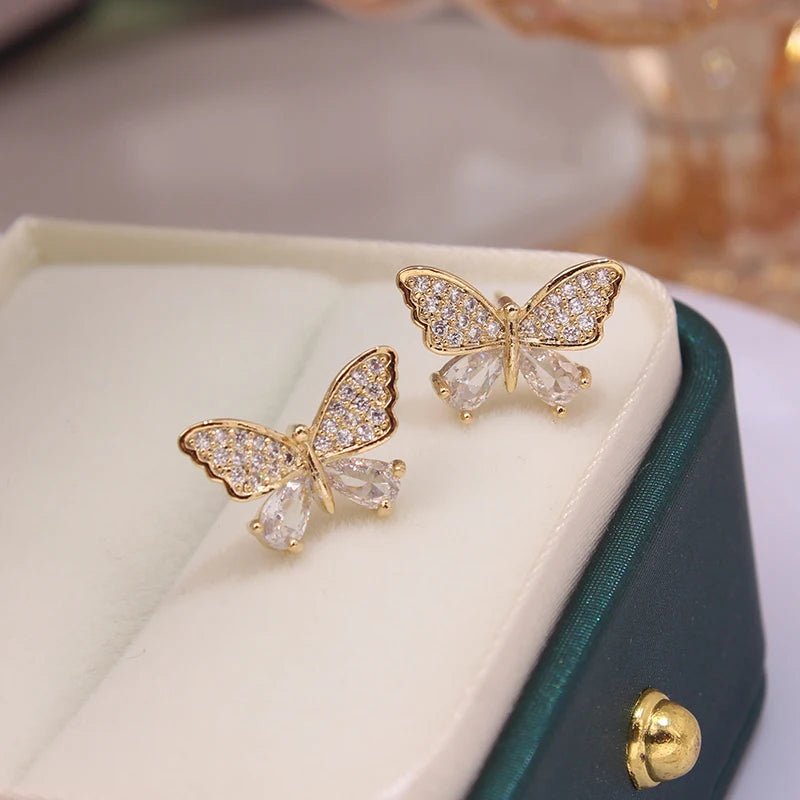 2026 New Arrival Unique Sweet Butterfly Stud 14K Gold Plated Jewelry Zircon Earrings for Women