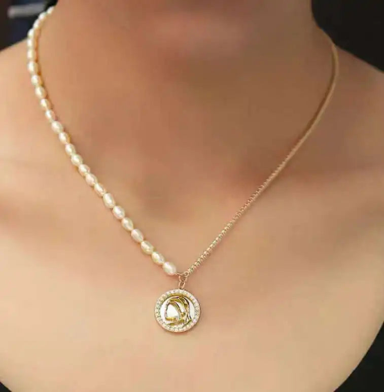 Cute Girl AB Chain Pendant Necklace with 38+5cm Length 5-6mm Natural Freshwater Rice Pearl Shell Jewelry for Anniversary