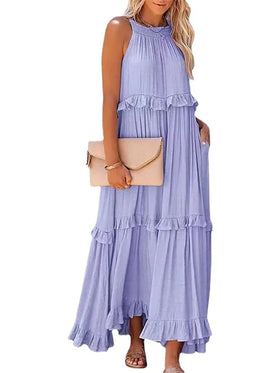 MIO New Summer Plain Color Ruffle Long Maxi Dress for Girls Vacation Style Sleeveless Halter Neck Casual Women Beach Dress