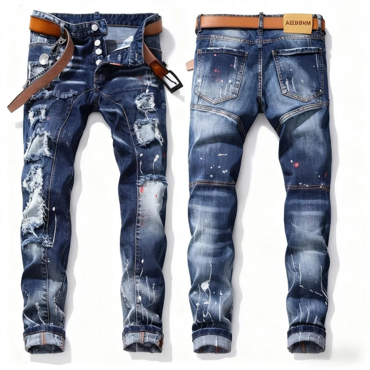 AeeDenim Wholesale OEM LOGO Stretch Hole Brand Paint Stretch Small Straight Pants Hole Patch Denim Men's Brand Trousers