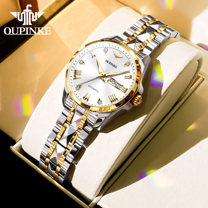 Oupinke 3171 Economical Fashion Custom Design Popular Skeleton Date Mechanical Automatic Tourbillon Stainless Steel Women Watch