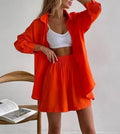 2023 Fashion Long Sleeve Blouses and Short Pants 2 Piece Set for Women Regular Fit Solid Casual Polyester/Cotton