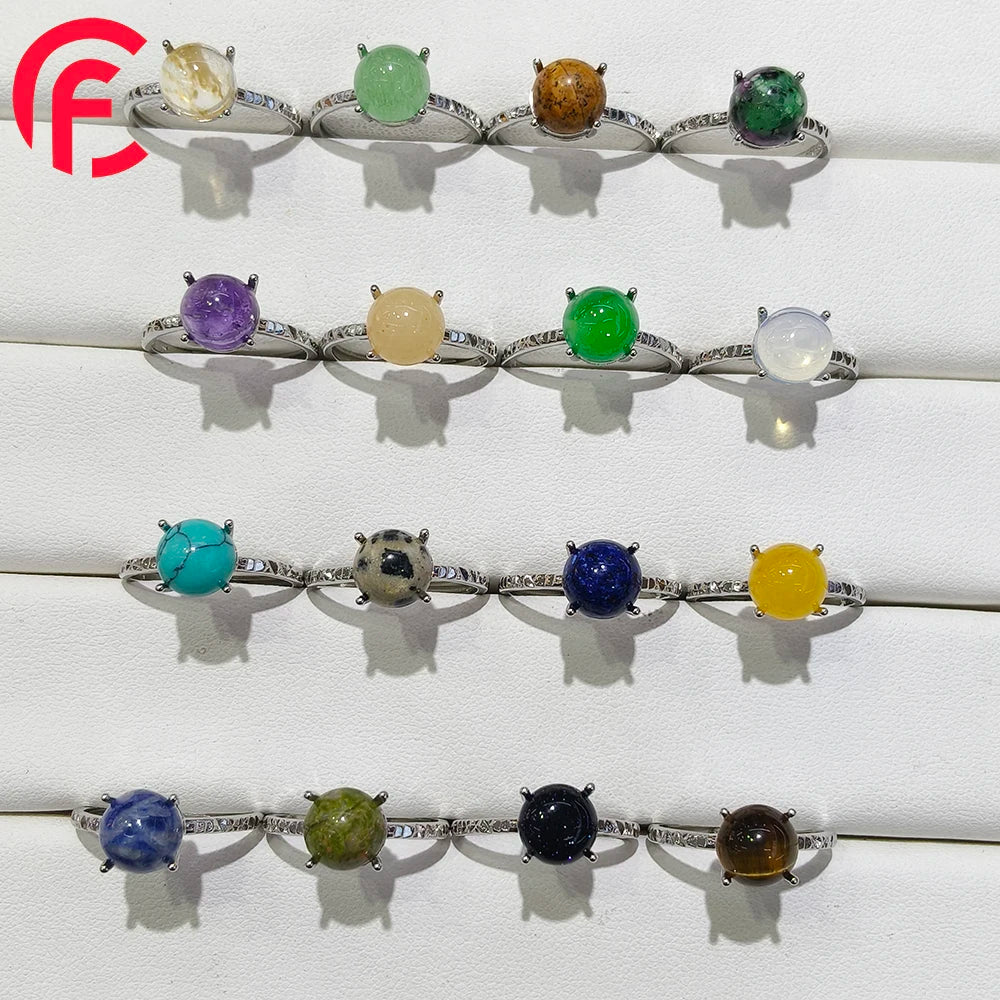 100% Natrual Crystal Amethyst tiger Eye Round Gemstone Ring for Women Cooper Plating Silver Adjustable Colorfast Ring Gift