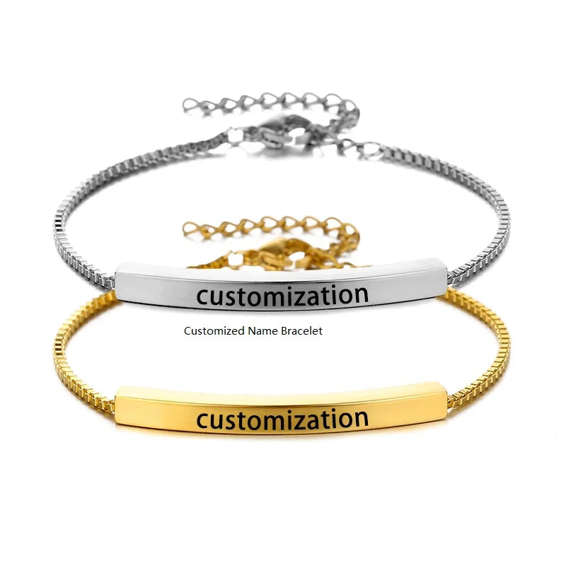 Wholesale Custom Logo Name Engraved Bracelet Bar Blank Box Chain Adjustable High Polished Stainless Steel Box Chain Bracelet