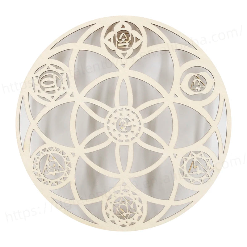 TaiLai 8 Inch Wooden Wall Decor 7 Chakra Crystal Grid Board Hamsa Blessing Home Mandala Chakras Hanging Wood Crafts Wall Signs