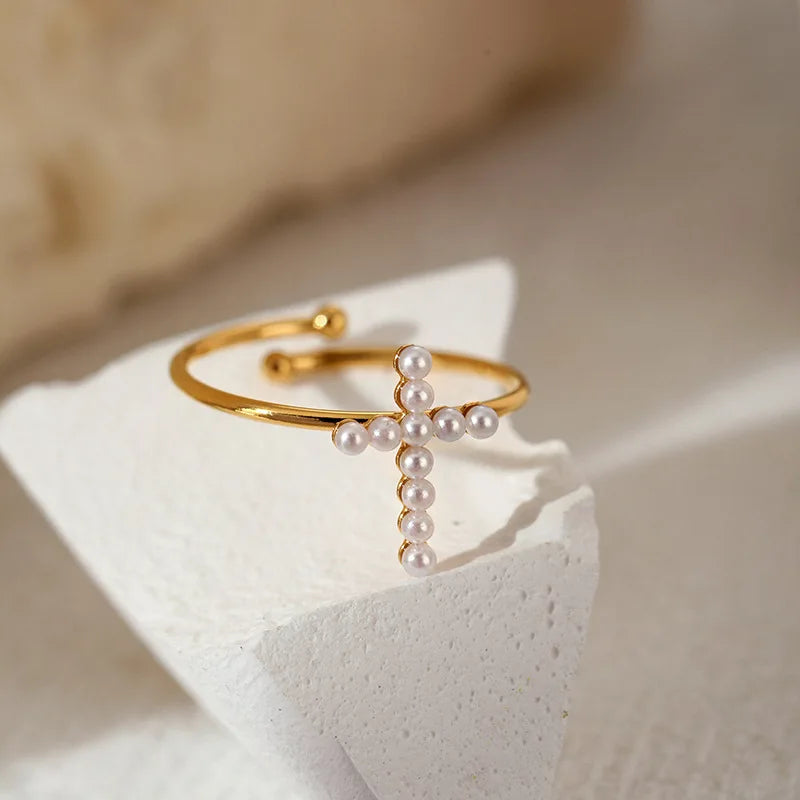 2025 Vintage Pearl Cross Open Ring Stainless Steel Finger Rings 18K Gold Plated Rings Fashion Jewelry for Women Girls
