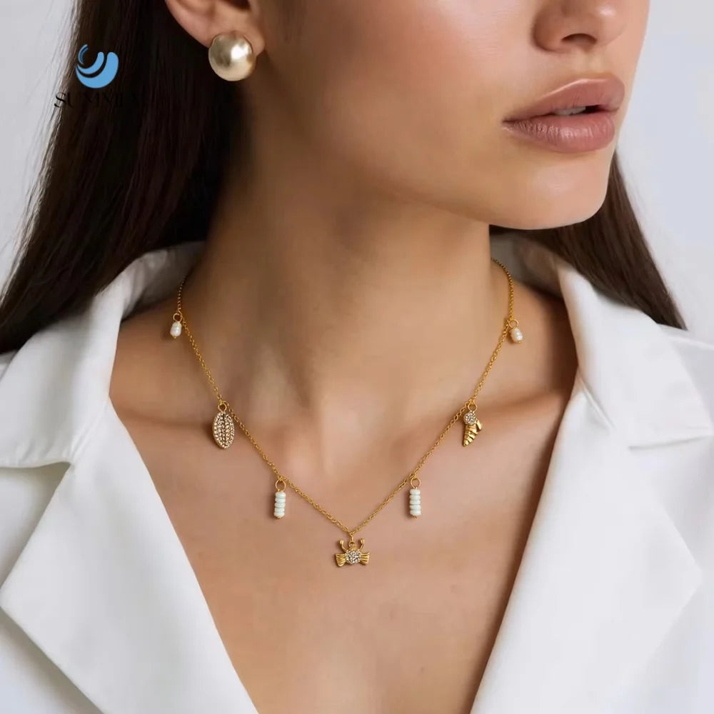 SUMMLY Trend Wholesale Ocean Pendants 18K Gold Plated Stainless Steel Pearl Inlay Necklace DIY Charms for Women Fashion Jewelry