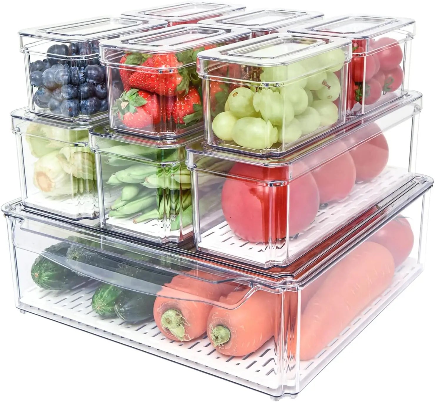 BPA-Free 10 Pack Fridge Organizer Stackable Refrigerator Storage Containers Bins with Lids for Food Drinks Vegetable Storage