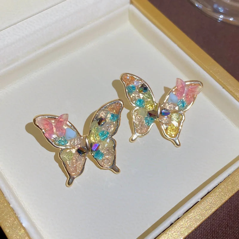 Female S925 Silver Needle Simple Zircon Earrings Cute 18K Real Gold Plated Rainbow Sweet Colorful Crystal Butterfly Earrings