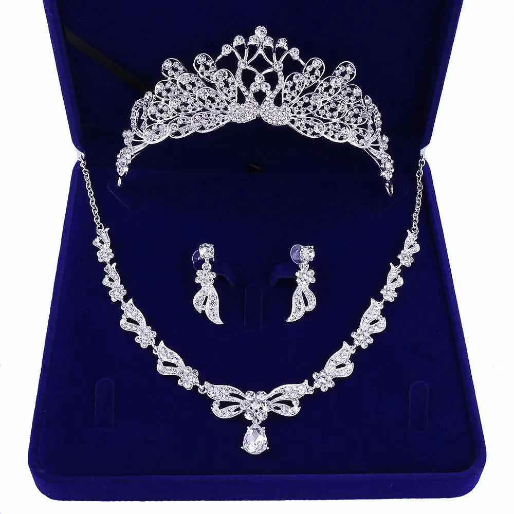 Boxed Full Crystals Bridal Wedding Crown Customized Necklace Earring Headdress Set Fashion Accessories Jewelry Set Wholesale