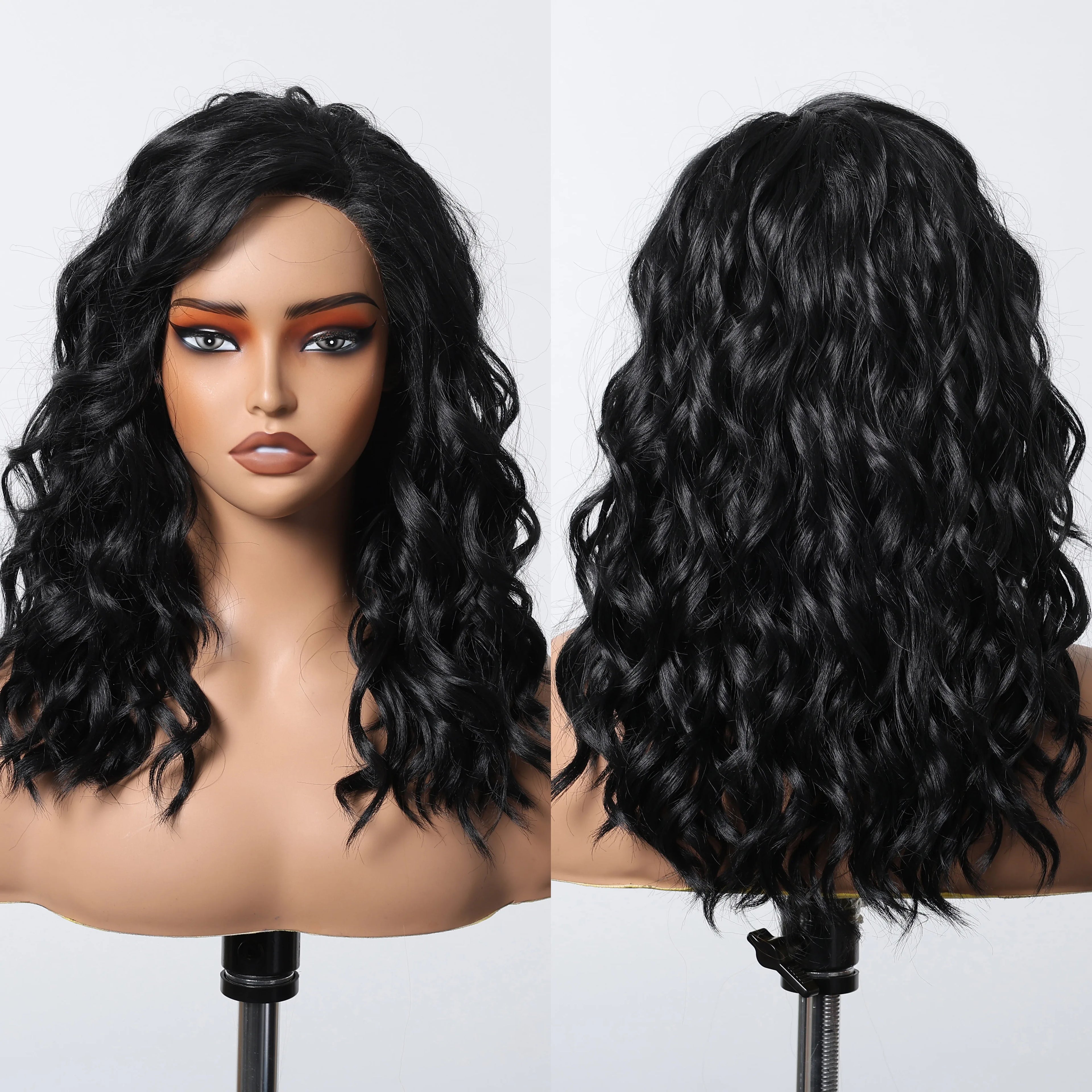 Heat Resistant Fiber Wig Black Side Split T-Shaped Front Lace Wig Long Super Curly Lace Synthetic Wig Soft and Breathable