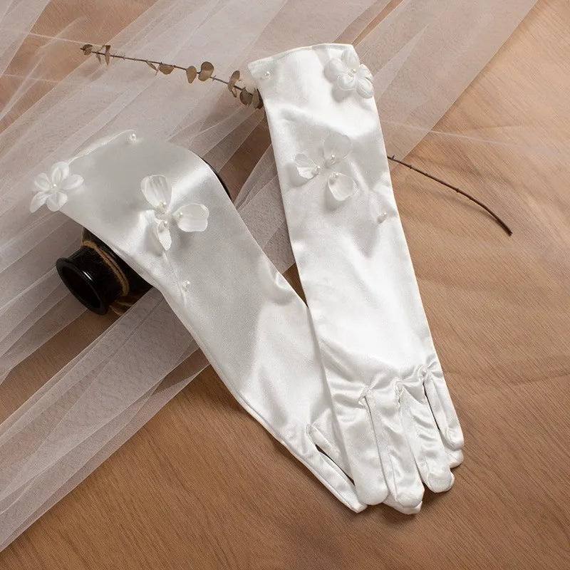 Bridal Satin Elbow Wedding Gloves Handmade Lace Elegant Wedding Banquet Dress Accessories